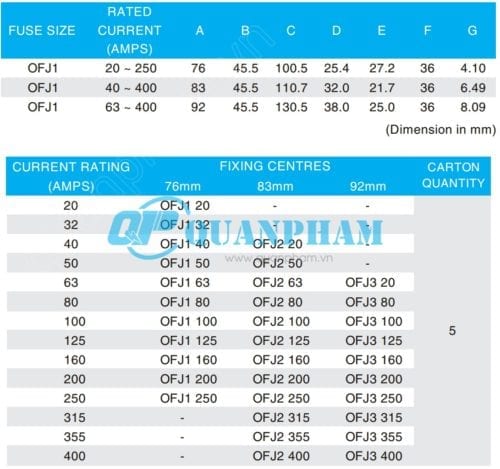 Thông số kỹ thuật cầu chì Wedge